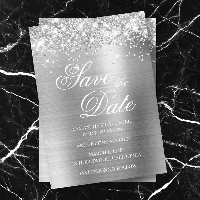 Invitation Glittery Silver Foil Photo Enregistrer la date (Créateur téléchargé)