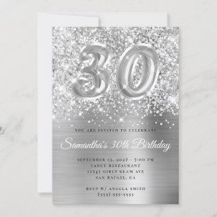 Invitation Glittery Silver Glam Numéro 30e anniversaire
