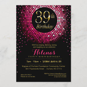 Invitation Glitz Bling Confetti 39e anniversaire  or fuchsia