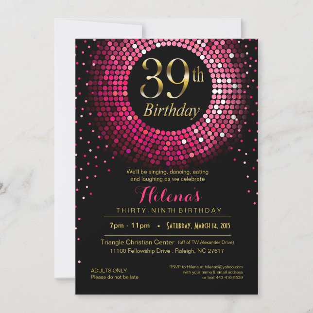 Invitation Glitz Bling Confetti 39e anniversaire | or fuchsia (Devant)