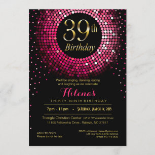 Invitation Glitz Bling Confetti 39e anniversaire   or fuchsia