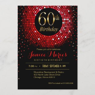 Invitation Glitz Bling Confetti 60e anniversaire rouge or noi