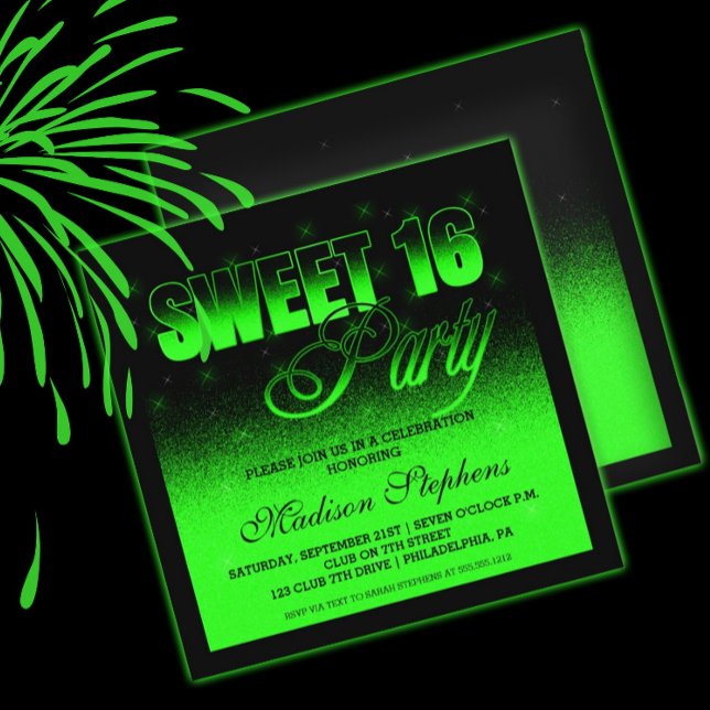 Invitation Glitz et Glamour noir et vert néon doux 16 (Créateur téléchargé)