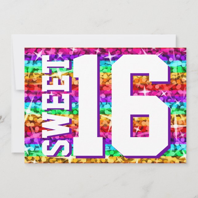 Invitation Glitz Rainbow Stripe 'Sweet 16' horizontal (Devant)