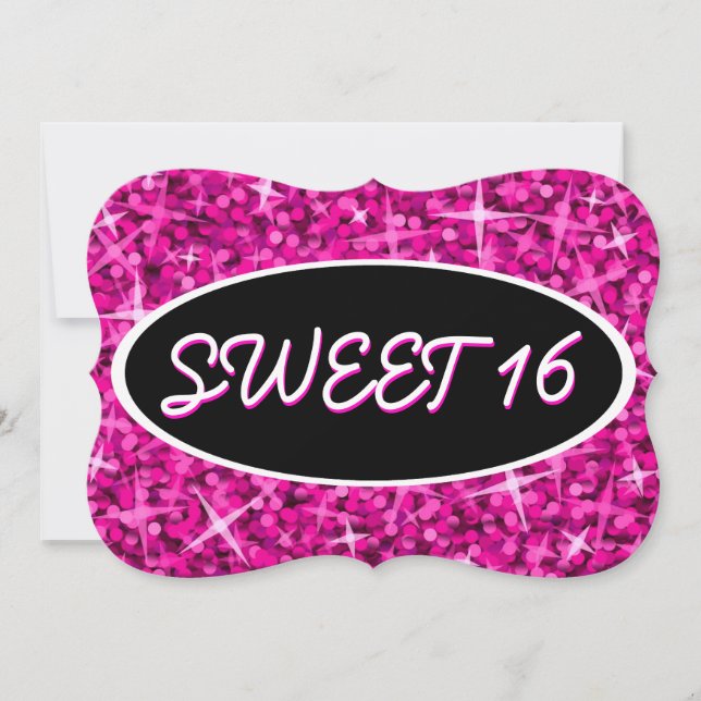 Invitation Glitz rose 'Sweet 16' noir oval support (Devant)