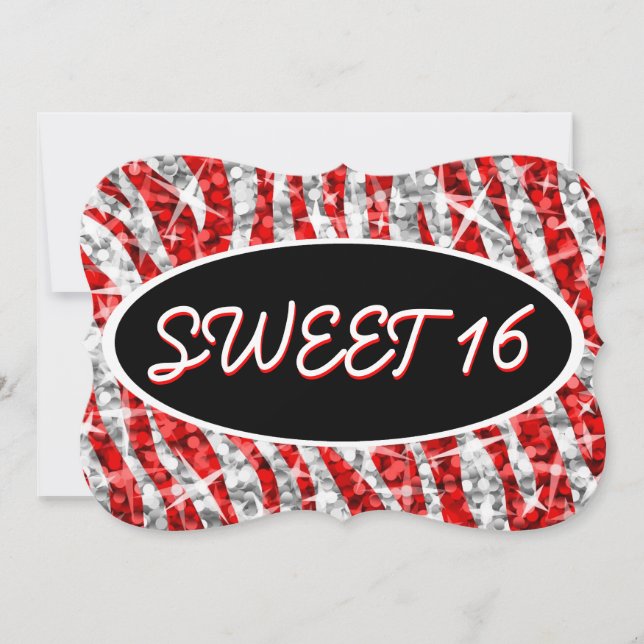 Invitation Glitz Zebra Red 'Sweet 16' noir oval support (Devant)