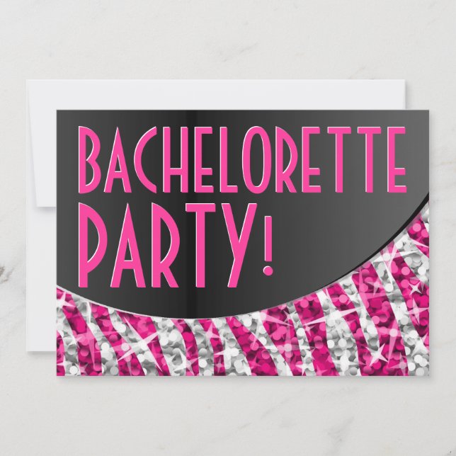 Invitation Glitz Zebra Rose courbe noire 'Bachelorette Party' (Devant)