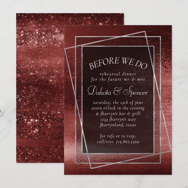 Invitation Glitzy Foil | Dîner de répétition rouge de henné (Devant / Derrière)
