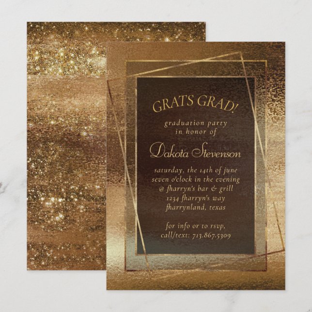 Invitation Glitzy Foil | Golden Bronze Cuivre Glam Graduation (Devant / Derrière)