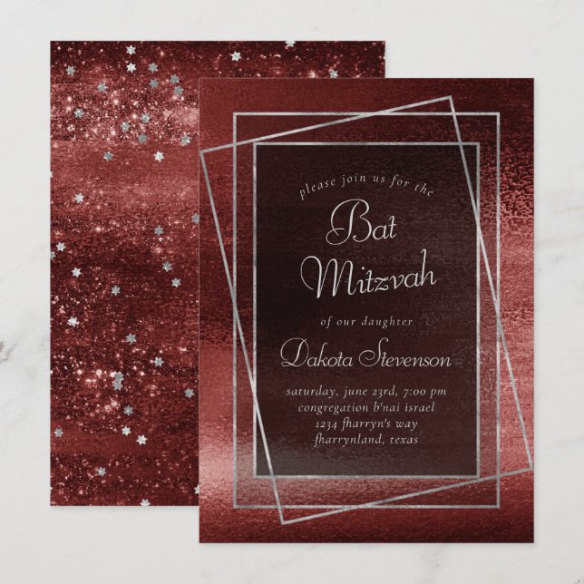 Invitation Glitzy Foil | Henna Crimson Red Bar ou Bat mitzvah (Devant / Derrière)