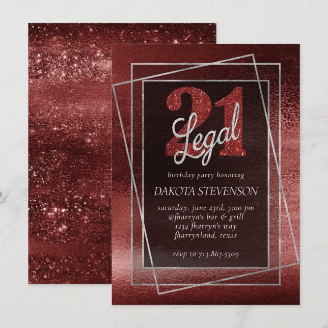 Invitation Glitzy Foil | Henna Crimson Red Glam 21 et juridiq (Devant / Derrière)
