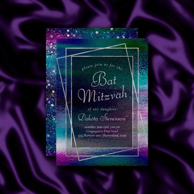 Invitation Glitzy Foil | Holographique Dark Ombre Bat mitzvah (Créateur téléchargé)