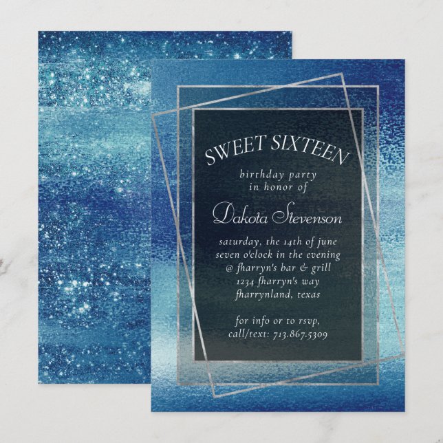 Invitation Glitzy Foil | Ice Blue Faux Iridescente Sweet 16 (Devant / Derrière)