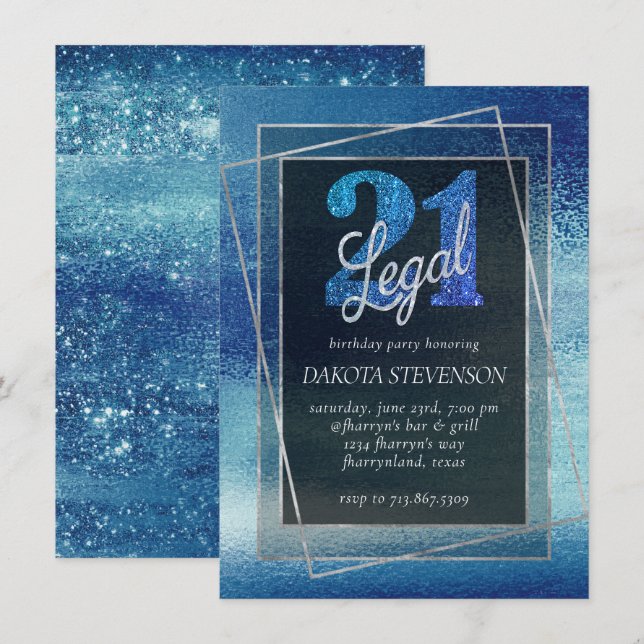 Invitation Glitzy Foil | Ice Blue Iridescente 21 et juridique (Devant / Derrière)