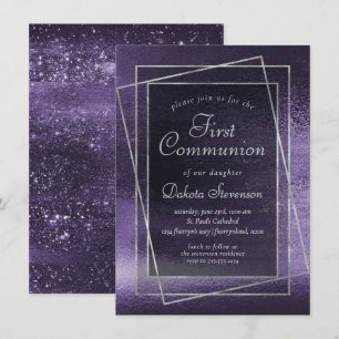 Invitation Glitzy Foil   Indigo Midnight Purple 1st Communion