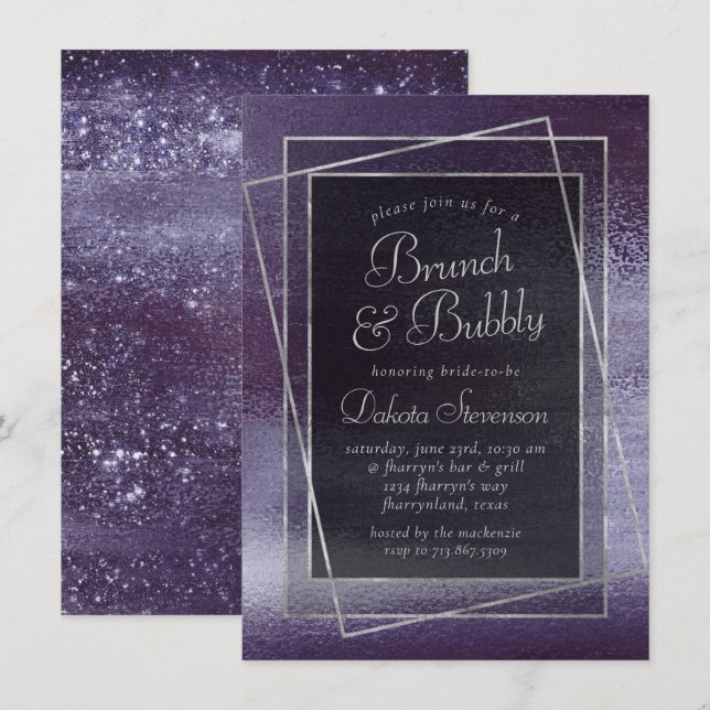Invitation Glitzy Foil | Indigo Midnight Purple Bubbly Brunch (Devant / Derrière)