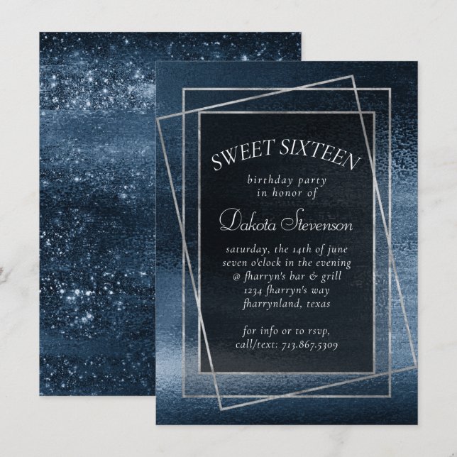 Invitation Glitzy Foil | Navy Blue Glitter Sparkle Sweet 16 (Devant / Derrière)