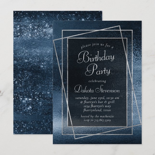 Invitation Glitzy Foil | Navy Blue Sparkel fête d'anniversair (Devant / Derrière)