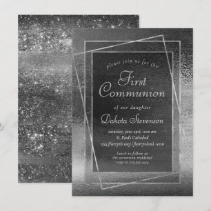 Invitation Glitzy Foil Platine argent brillant 1ère communi