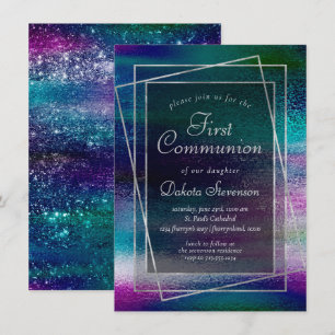Invitation Glitzy Foil Première communion Holographique Omb