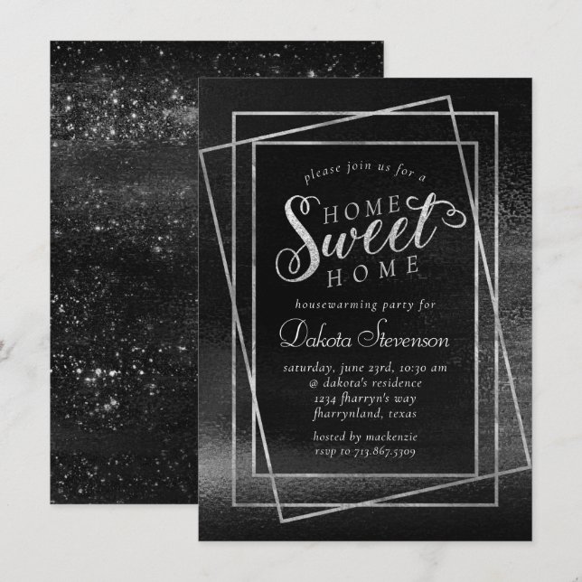 Invitation Glitzy Foil | Réchauffement ménager en argent plat (Devant / Derrière)