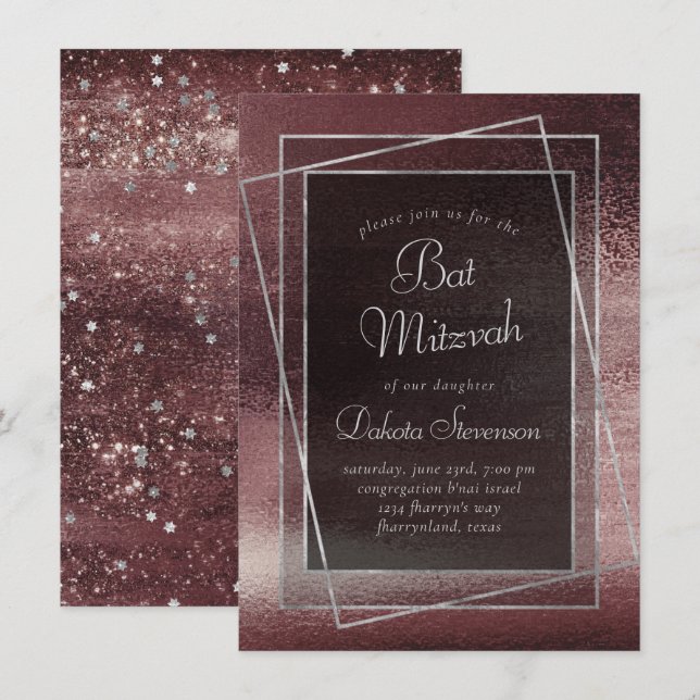 Invitation Glitzy Foil | Rose Gold Blush Glam Bar Bat mitzvah (Devant / Derrière)