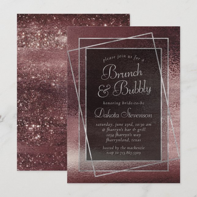 Invitation Glitzy Foil | Rose Gold Blush Glam Bubbly Brunch (Devant / Derrière)