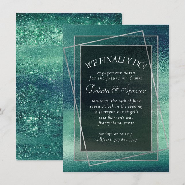 Invitation Glitzy Foil | Seafoam Green Aqua Dîner Fiançailles (Devant / Derrière)