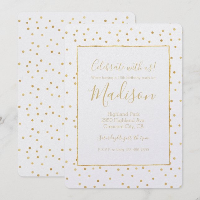 Invitation Glitzy Gold Confetti Anniversaire (Devant / Derrière)
