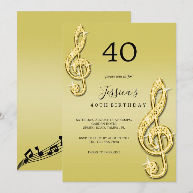 Invitation Glitzy Gold Music Notes Anniversaire (Devant / Derrière)