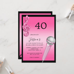 Invitation Glitzy Pink Music Notes & Micro Karaoke Anniversda