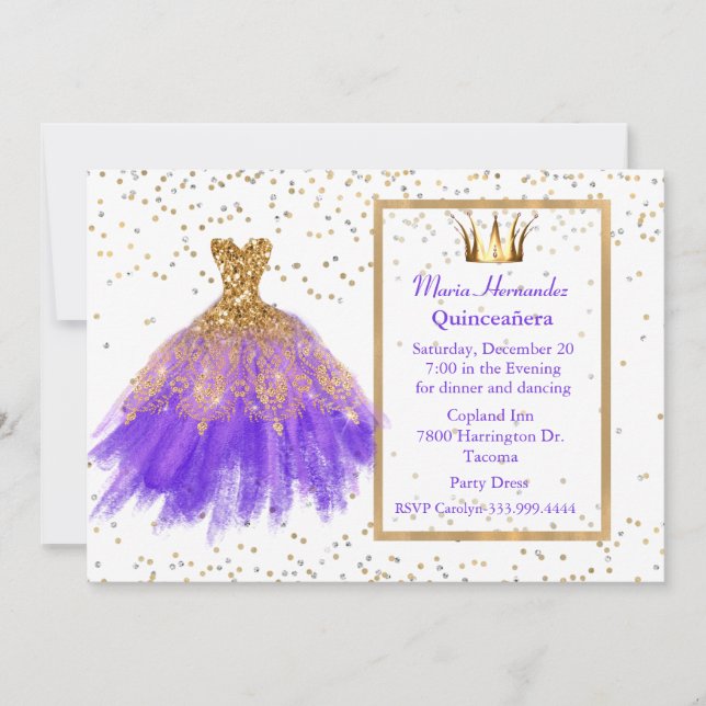 Invitation Glitzy Purple et Gold Gown Quinceañera (Devant)
