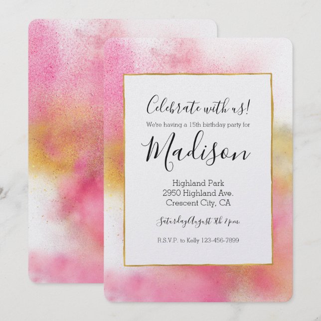 Invitation Glitzy rose or blanc étincelle et brillant anniver (Devant / Derrière)