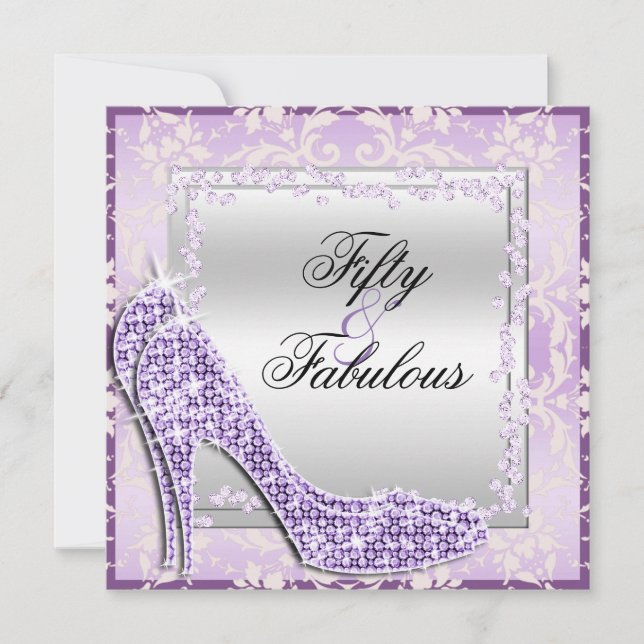 Invitation Glitzy Stilettos, Diamonds & Damask Fabulous 50 (Devant)