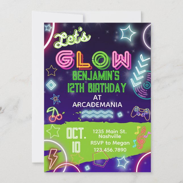 Invitation GLOW Anniversaire Jeux Arcade Party Glow Neon 80s (Devant)
