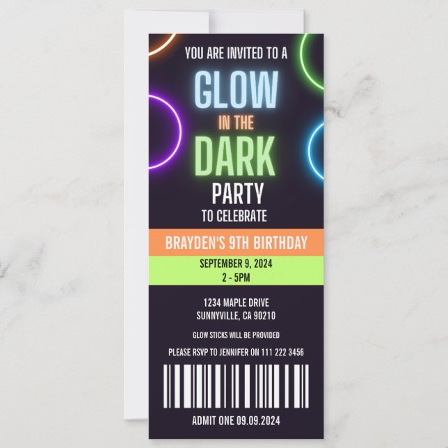 Invitation Glow In Dark Neon Boy Birthday Ticket (Devant)
