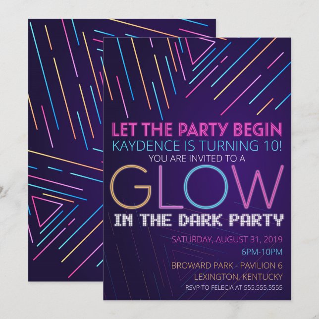 Invitation GLOW in the Dark Birthday Party (Devant / Derrière)