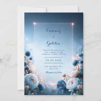 Invitation Glowing Blue Blossom Border Wedding