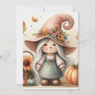 Invitation Gnome d'automne et feuilles calligraphie texte 