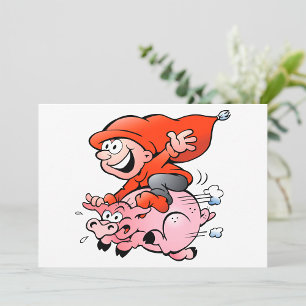 Invitation Gnome de dessin animé drôle chevauchant un cochon