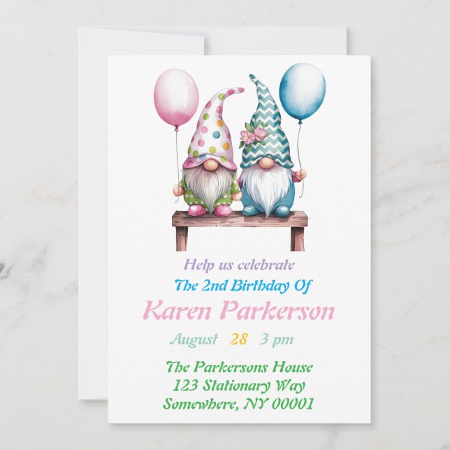 Invitation Gnomes de Pâques en Aquarelle Fête d'anniversaire (Devant)