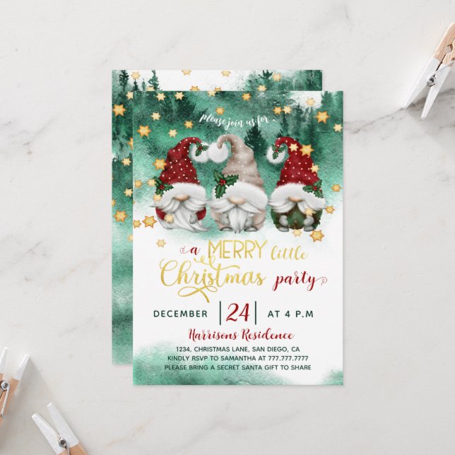 Invitation Gnomes mignons Joyeux Petite fête de Noël (Devant/Arrière en situation)