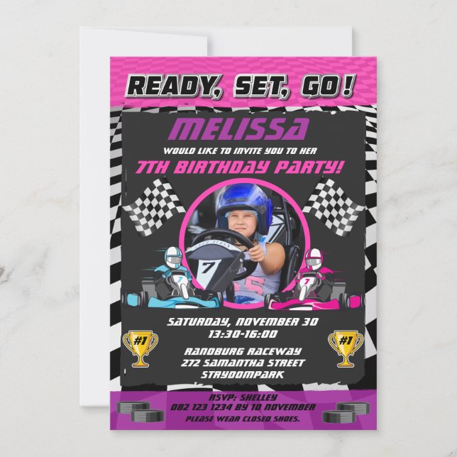 Invitation Go Kart Racing Voiture Girls Photo Anniversaire (Devant)