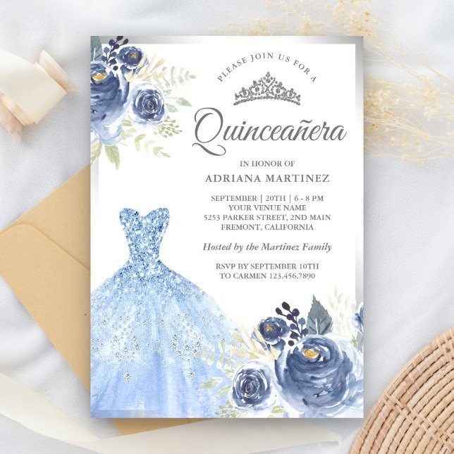 Invitation Gobelet brillant bleu doux Roses argent Quinceaner (Créateur téléchargé)
