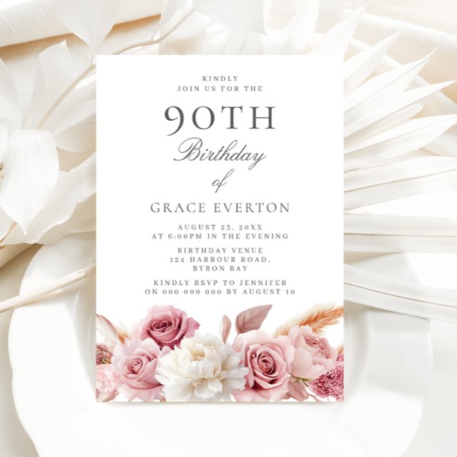 Invitation Goegrous Blush Floral 90e fête d'anniversaire (Créateur téléchargé)