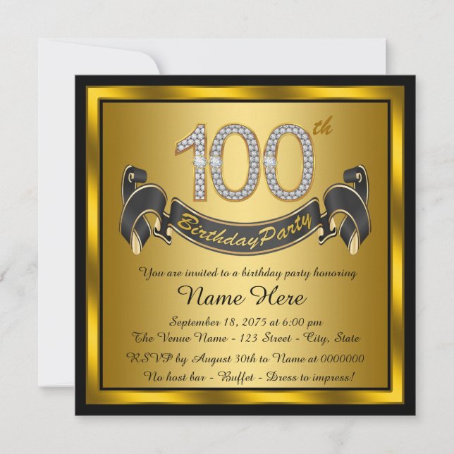 Invitation Gold 100th Birthday Party (Devant)