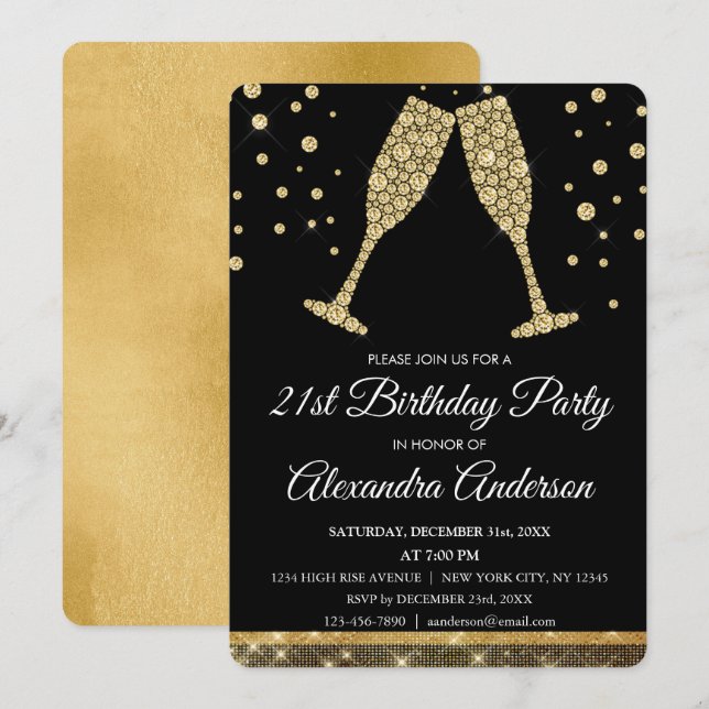 Invitation Gold 21e Anniversaire de la fête Diamond Champagne (Devant / Derrière)