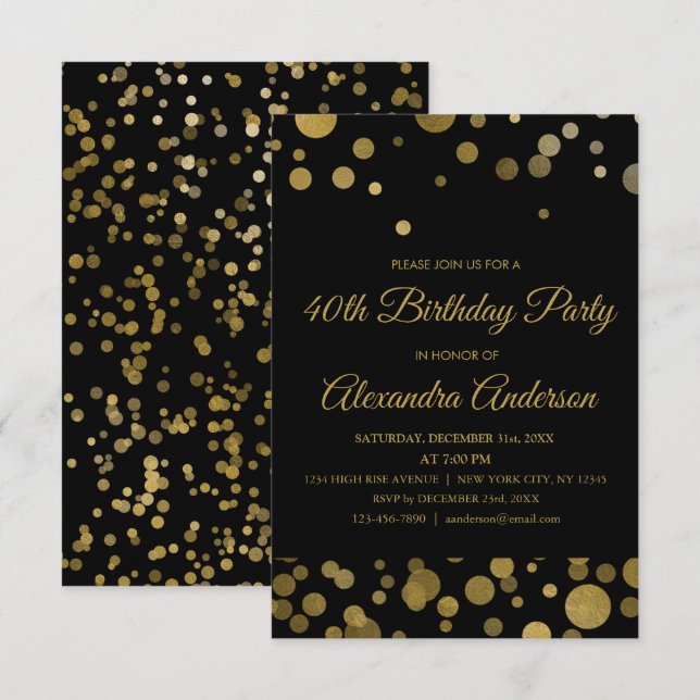Invitation Gold 40th Birthday Party Gold Confetti (Devant / Derrière)