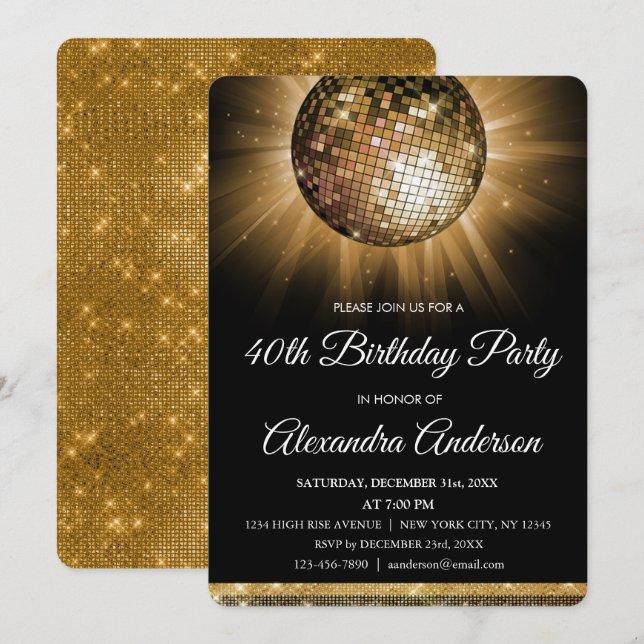 Invitation Gold 40th Birthday Party Gold Disco Ball (Devant / Derrière)