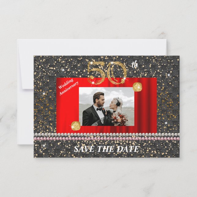 Invitation Gold 50e anniversaire Mariage Black Woven & Pearls (Devant)